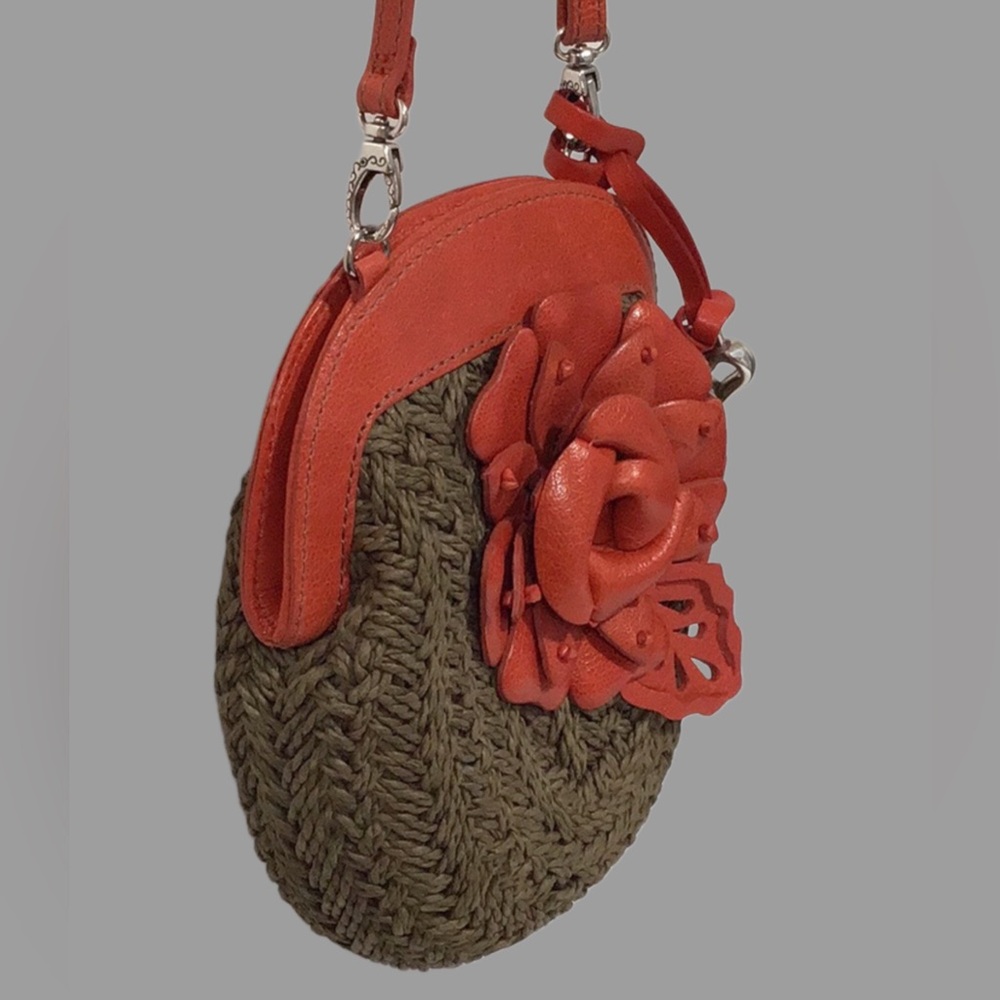 New BRIGHTON Dark Brown Straw with Orange Leather 3D Flower Shoulder Bag - Picture 5 of 12